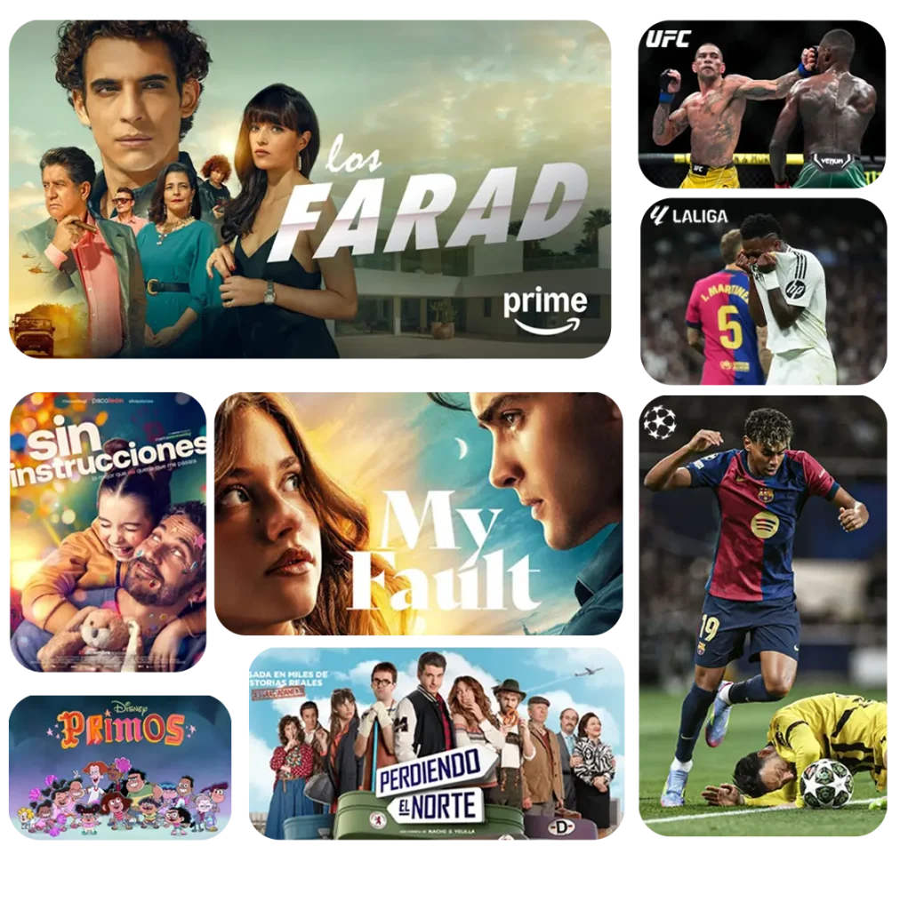 El catálogo de IPTV España con series Prime, peleas de UFC, partidos de LaLiga, películas populares y animaciones de Disney de varios géneros.
